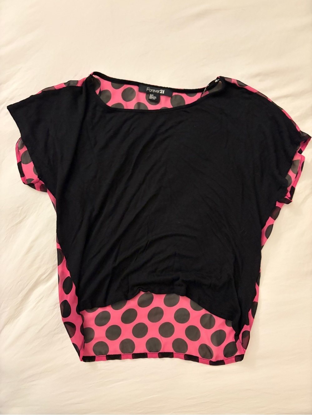Forever 21 Black Top with Pink Polka Dot Trim - Short Sleeve